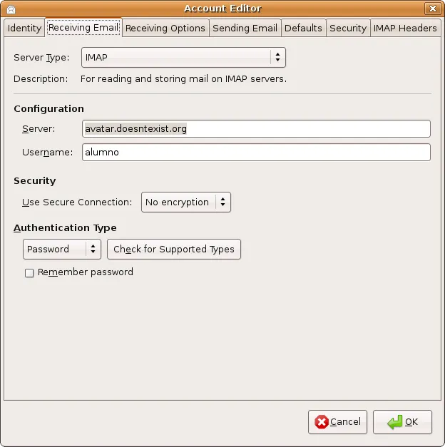 Configuración Evolution IMAP